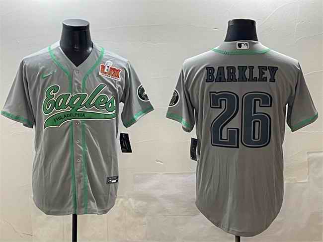 Men's Philadelphia Eagles #26 Saquon Barkley Grey 2025 Super Bowl LIX Patch Cool Base Stitched Baseball Jersey